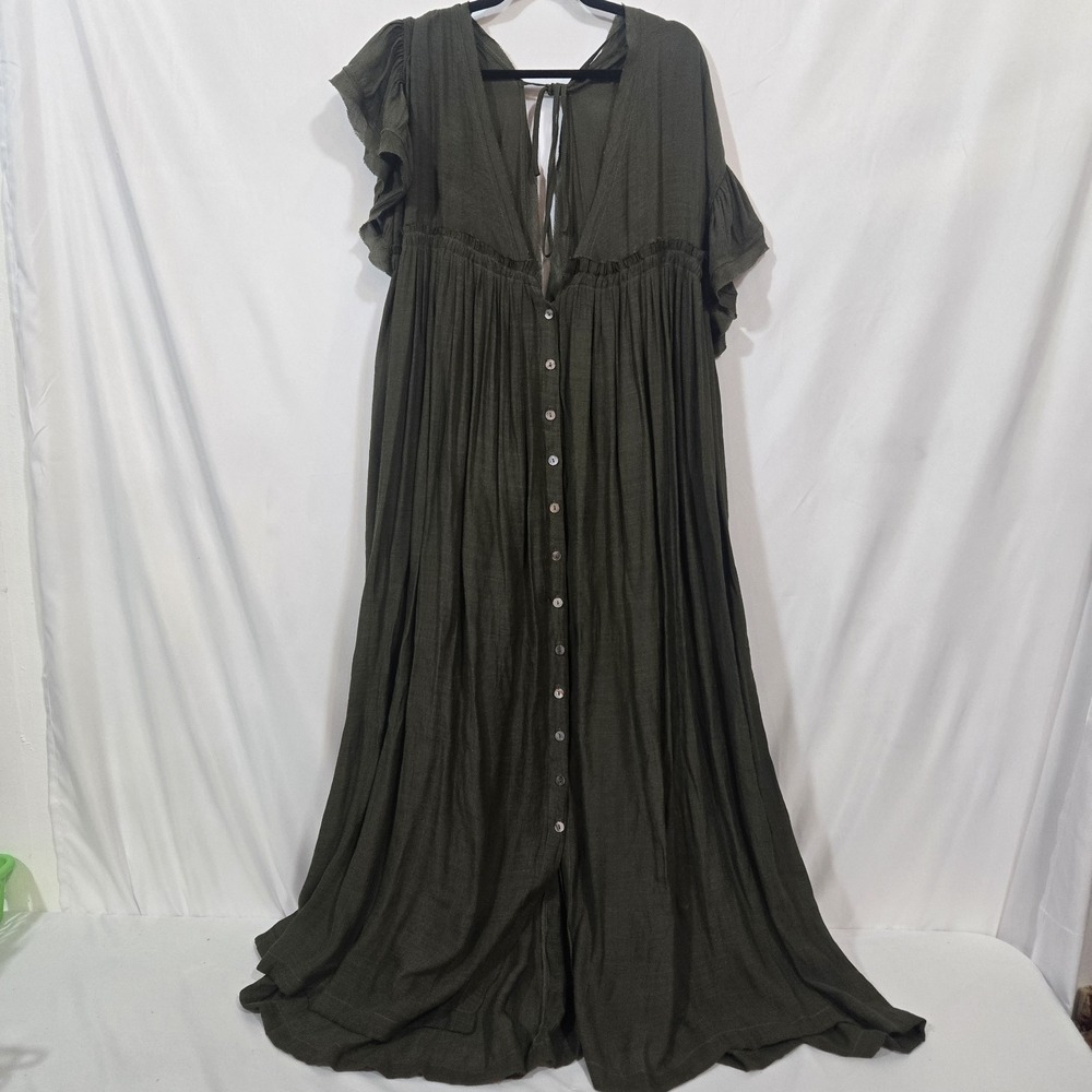 NWT Flawless Olive Green Gauze Maxi Dress M Flutter Sleeve Button Front Boho